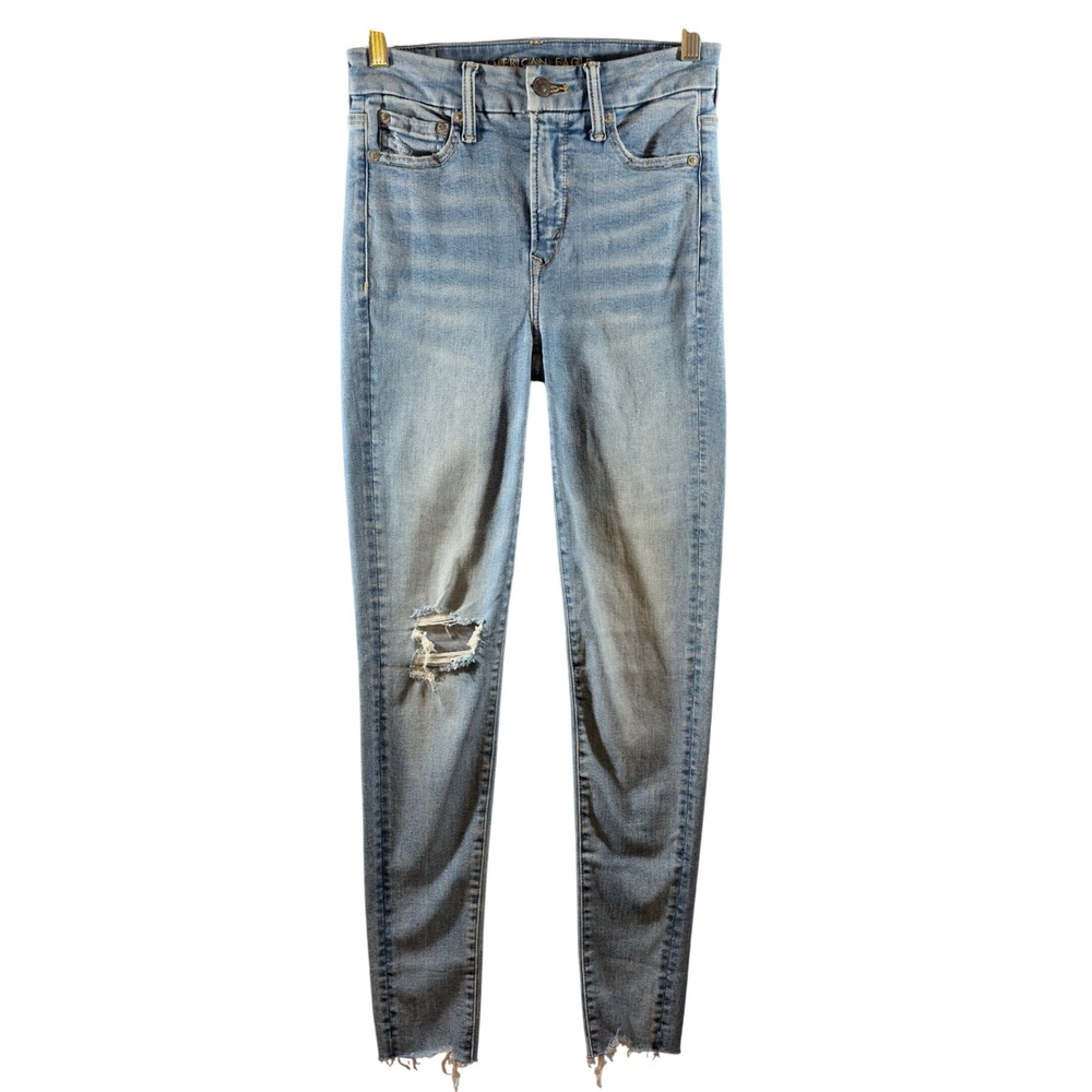 347 | American Eagle Real Good Womens 0 Super Hi-Rise Jegging‎ Distressed Blue
